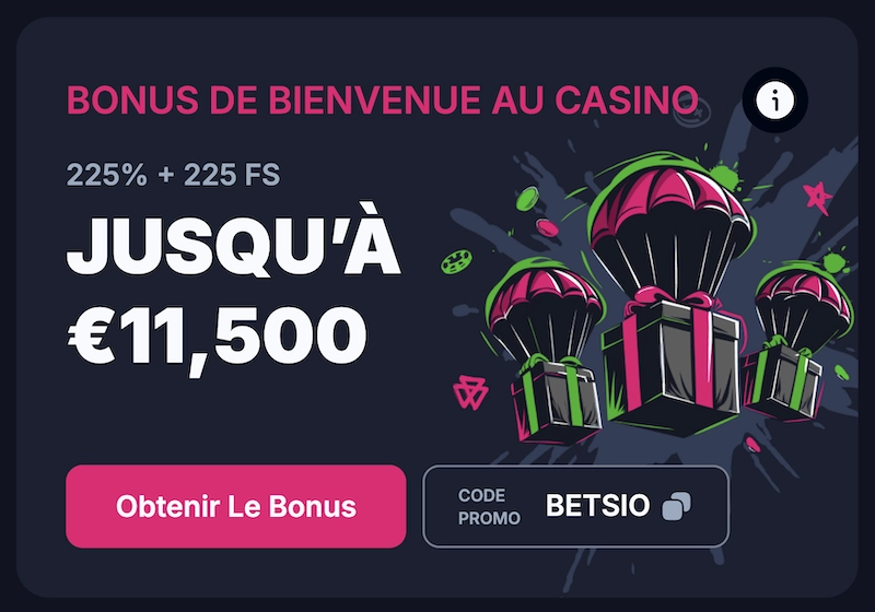Bannière du bonus de bienvenue Betsio Casino montrant 225 % et 225 free spins jusqu’à 11 500 € avec bouton obtenir le bonus