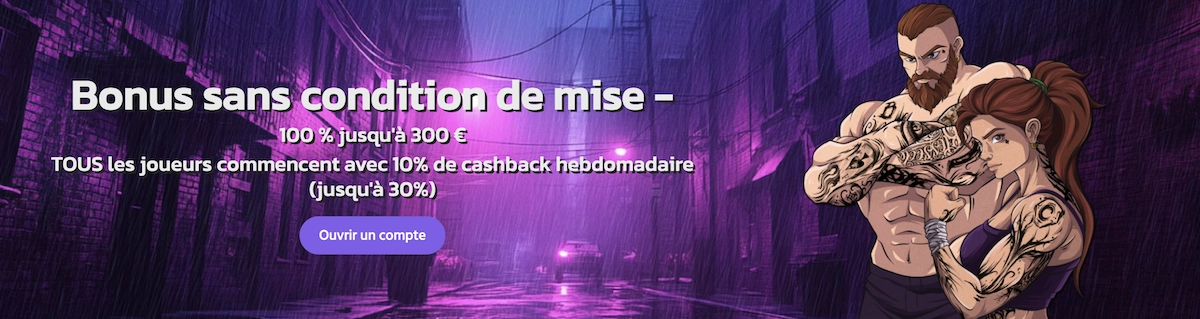 Visuel promotionnel du bonus de bienvenue Brutal Casino offrant 100 % jusqu&rsquo;&agrave; 300 &euro; et cashback hebdomadaire.