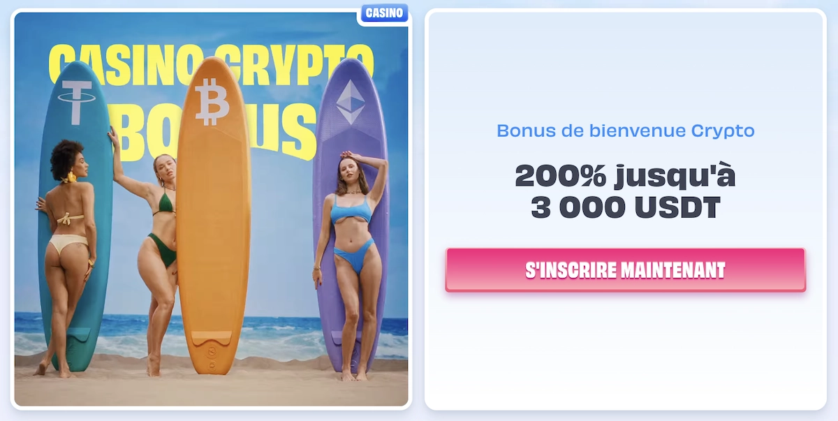 Banni&egrave;re du bonus crypto sur OnlySpins Casino offrant 200 % jusqu&rsquo;&agrave; 3 000 USDT