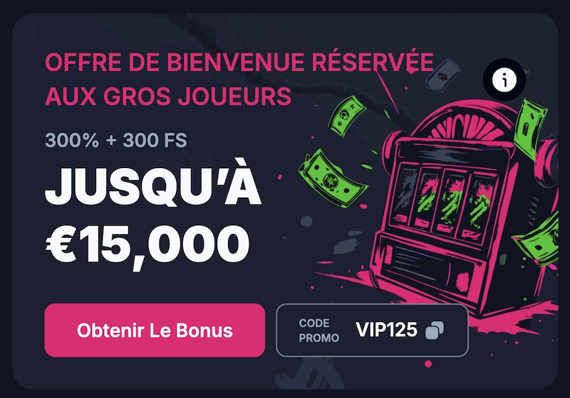 Bannière du bonus de bienvenue VIP sur Betsio Casino avec offre gros joueurs jusqu’à 15 000 euros et free spins