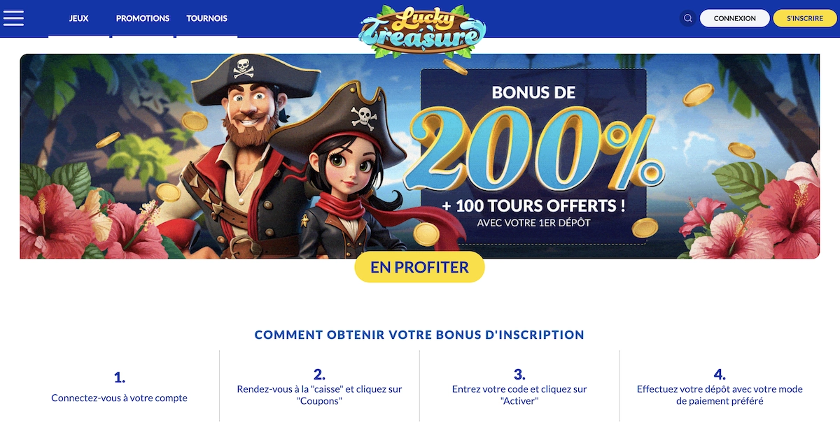 Bonus de bienvenue Lucky Treasure Casino avec 200 % et 100 tours gratuits offerts sur le premier dépôt