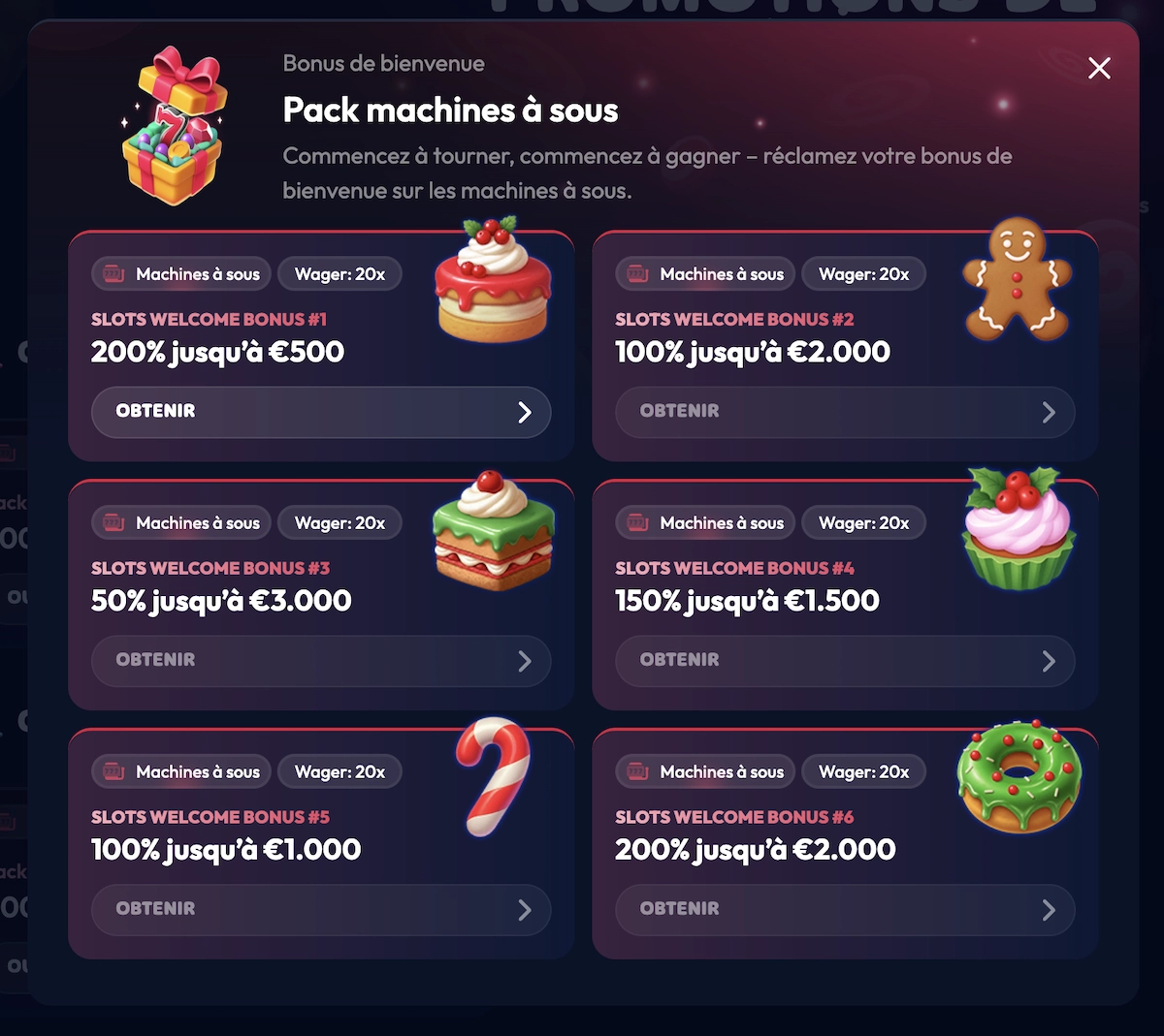 Capture d&rsquo;&eacute;cran du bonus de bienvenue de Gambiva Casino affichant le pack machines &agrave; sous avec six offres diff&eacute;rentes allant de 50 % &agrave; 200 % de bonus jusqu&rsquo;&agrave; 3 000 &euro;, avec un wager de x20 sur chaque offre