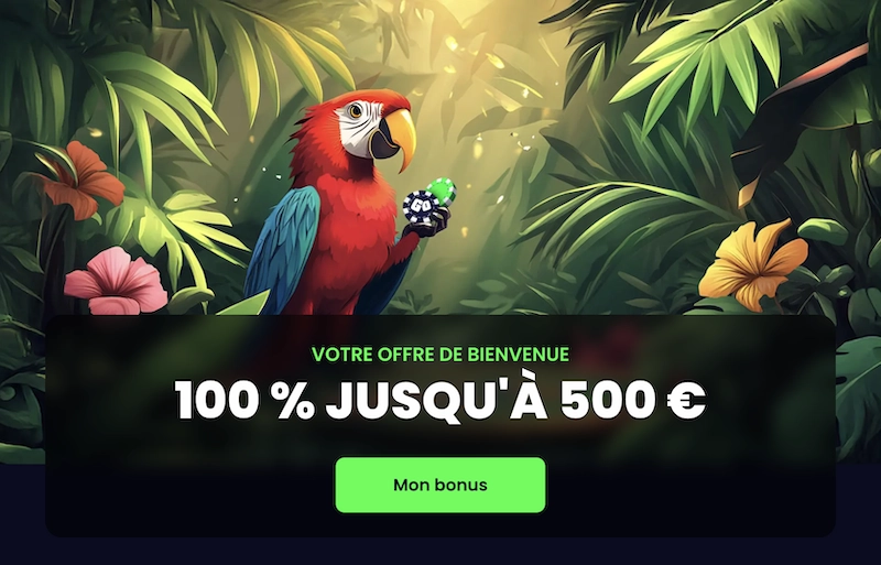 Banni&egrave;re du bonus de bienvenue Pampago Casino montrant un perroquet tenant des jetons dans une jungle