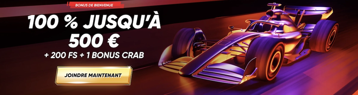 Banni&egrave;re bonus de bienvenue Quickwin Casino avec offre 100 % jusqu&rsquo;&agrave; 500 &euro; plus 200 free spins et 1 Bonus Crab