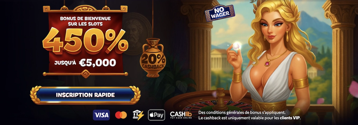 capture d'écran du site officie d'Aphrodite Casino qui montre le bonus de 450 % jusqu'à 5 000 € pour les nouveaux joueurs sur les machines à sous, et jusqu'à 20 % de cashback offert avec une femme blonde avec une robe blanche qui représente la marque Aphrodite