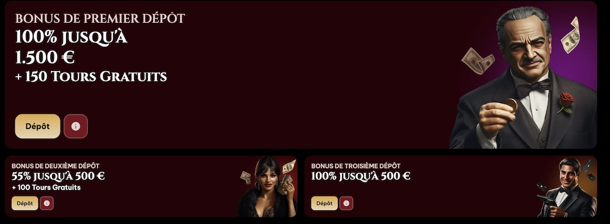 Banni&egrave;re du bonus de bienvenue Spinogambino Casino affichant 1 500 &euro; et 150 tours gratuits pour les nouveaux joueurs