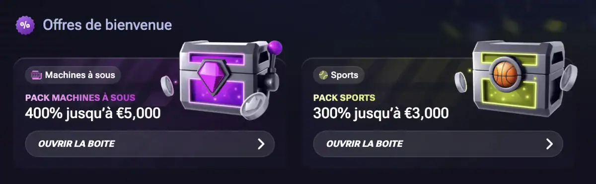 Capture des offres de bienvenue de Tenobet avec deux coffres, un pack machines à sous de 400 % jusqu'à 5 000 € et un pack sports de 300 % jusqu'à 3 000 €.