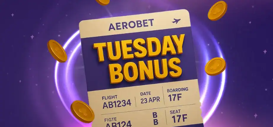 Bannière Tuesday Bonus d'Aerobet en forme de carte d'embarquement avec des pièces dorées autour.