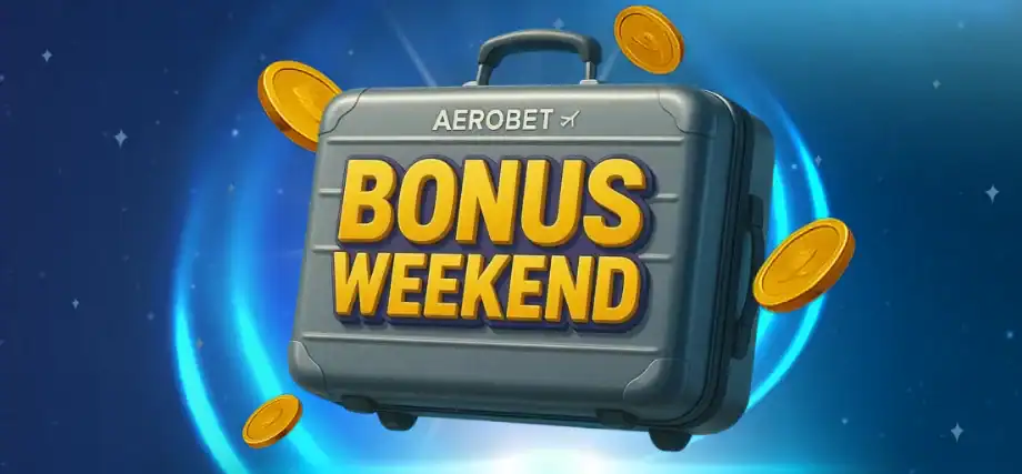 Bannière Bonus Weekend d'Aerobet avec une valise grise entourée de pièces dorées.