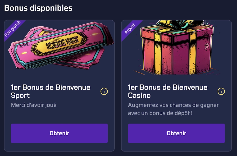 Page bonus et promotions Betory Casino montrant le bonus de bienvenue sport, le bonus casino et des cartes promotionnelles illustr&eacute;es