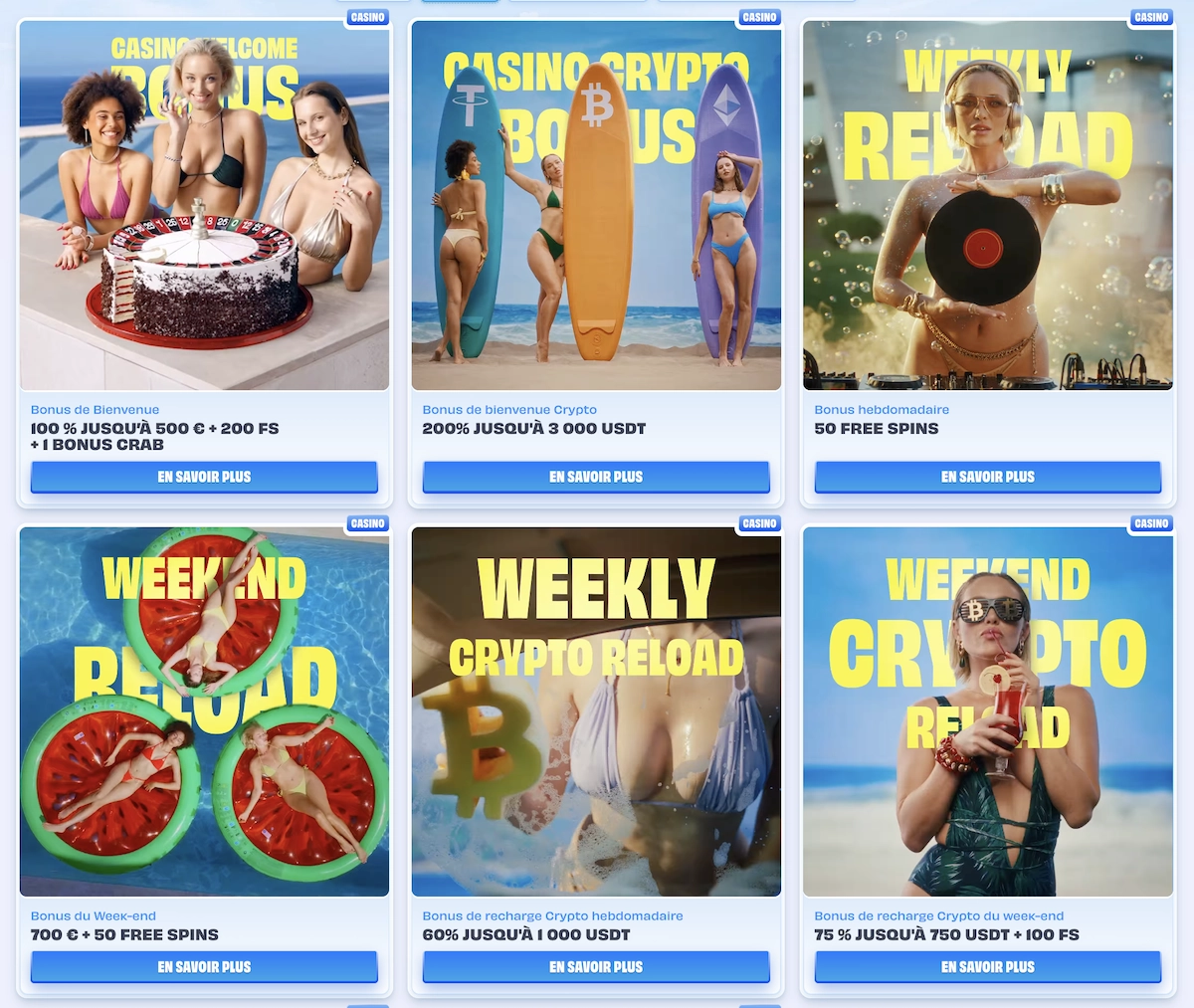 Section des bonus et promotions sur OnlySpins Casino affichant les offres hebdomadaires et crypto