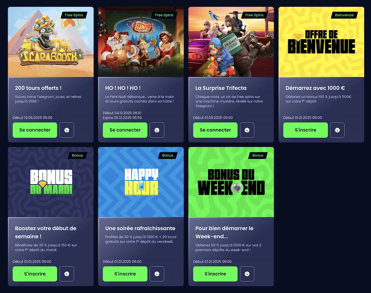 Page des bonus Pampago Casino affichant les offres Free Spins, bonus du mardi, Happy Hour et bonus du week-end