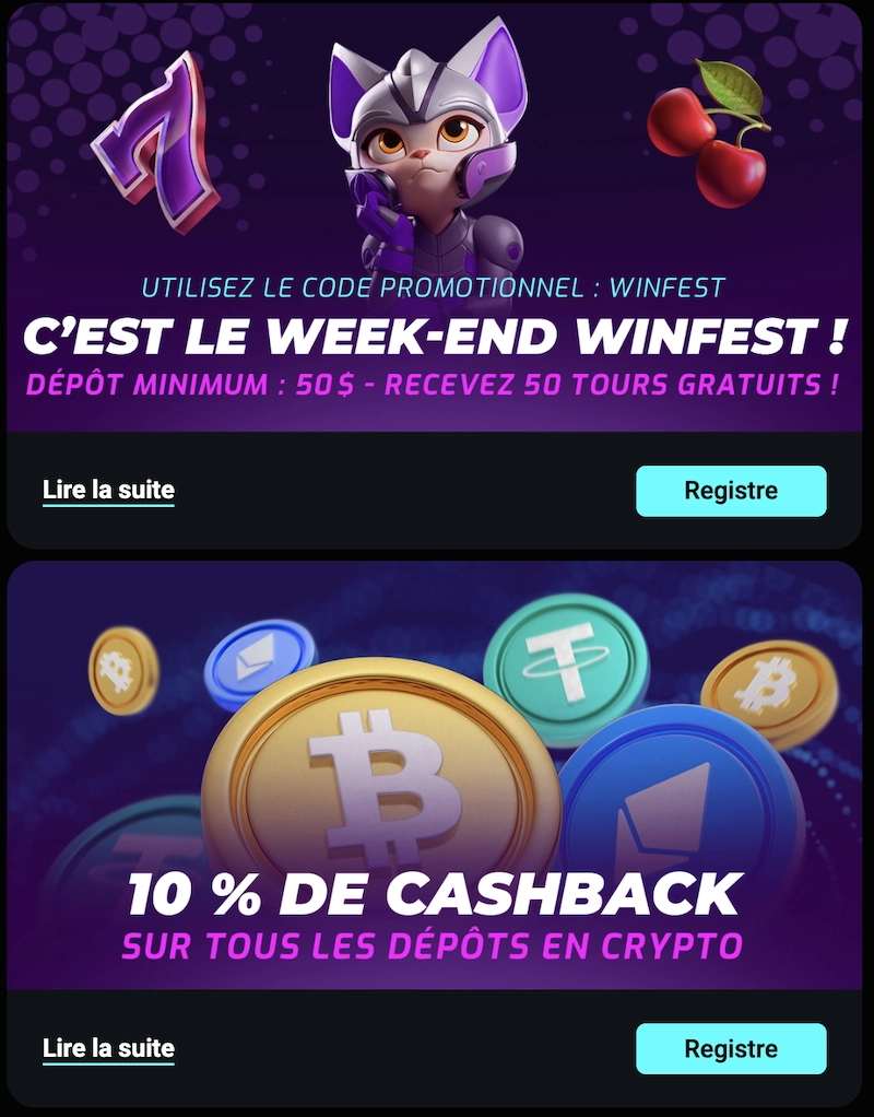 Bannière des promotions sur Cosmobet Casino avec offre de cashback crypto et bonus week-end Winfest illustrée par une mascotte