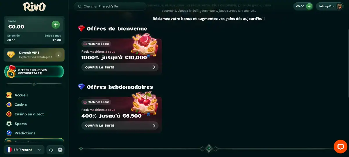 Page des bonus et promotions de Rivo Casino avec le pack de bienvenue de 1000 % jusqu'à 10 000 € et l'offre hebdomadaire de 400 % jusqu'à 6 500 €.