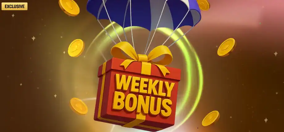 Bannière Weekly Bonus d'Aerobet avec un cadeau rouge accroché à un parachute.