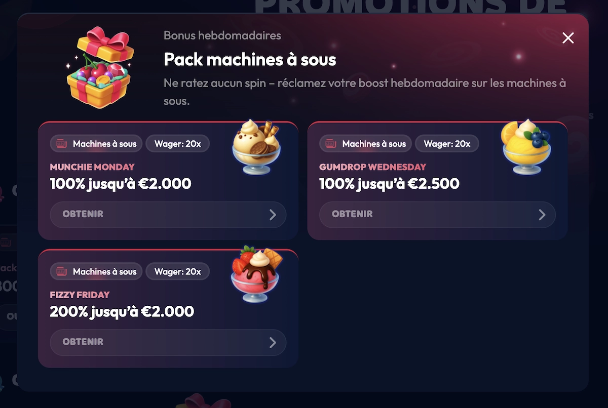 Capture d&rsquo;&eacute;cran des bonus hebdomadaires de Gambiva Casino montrant le pack machines &agrave; sous avec trois offres : Munchie Monday 100 % jusqu&rsquo;&agrave; 2 000 &euro;, Gumdrop Wednesday 100 % jusqu&rsquo;&agrave; 2 500 &euro; et Fizzy Friday 200 % jusqu&rsquo;&agrave; 2 000 &euro;, toutes avec un wager de x20.