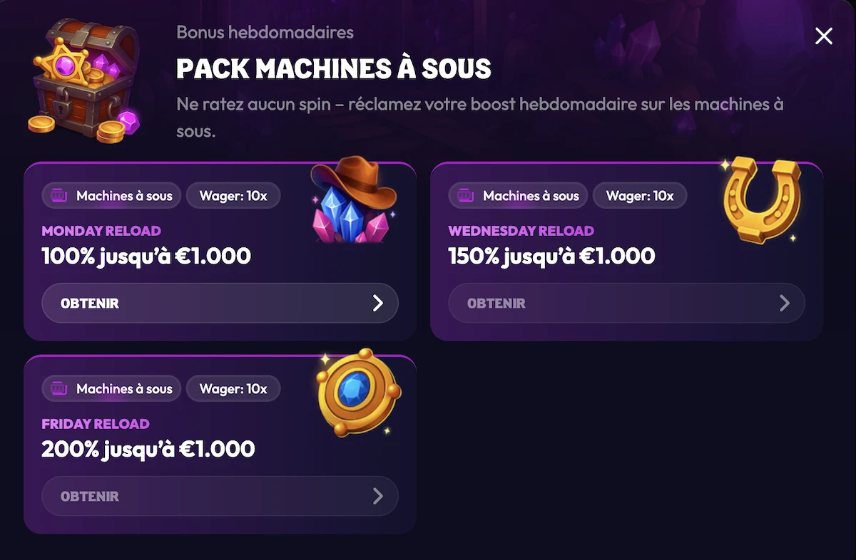 Bonus hebdomadaires Wildzy avec recharges machines &agrave; sous Monday, Wednesday et Friday Reload