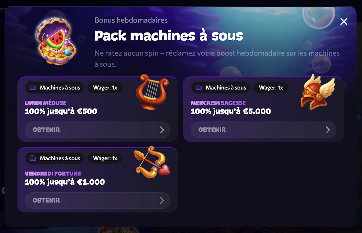 Aperçu du “Pack machines à sous” sur Aphrodite Casino avec bonus hebdomadaires jusqu’à 5 000 €.
