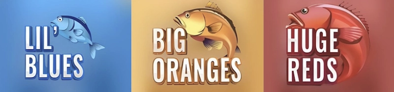 Trois types de poissons qui représentent les bonus du jeu Ice Fishing d’Evolution affichés côte à côte : Lil’ Blues sur fond bleu, Big Oranges sur fond beige, et Huge Reds sur fond rouge.