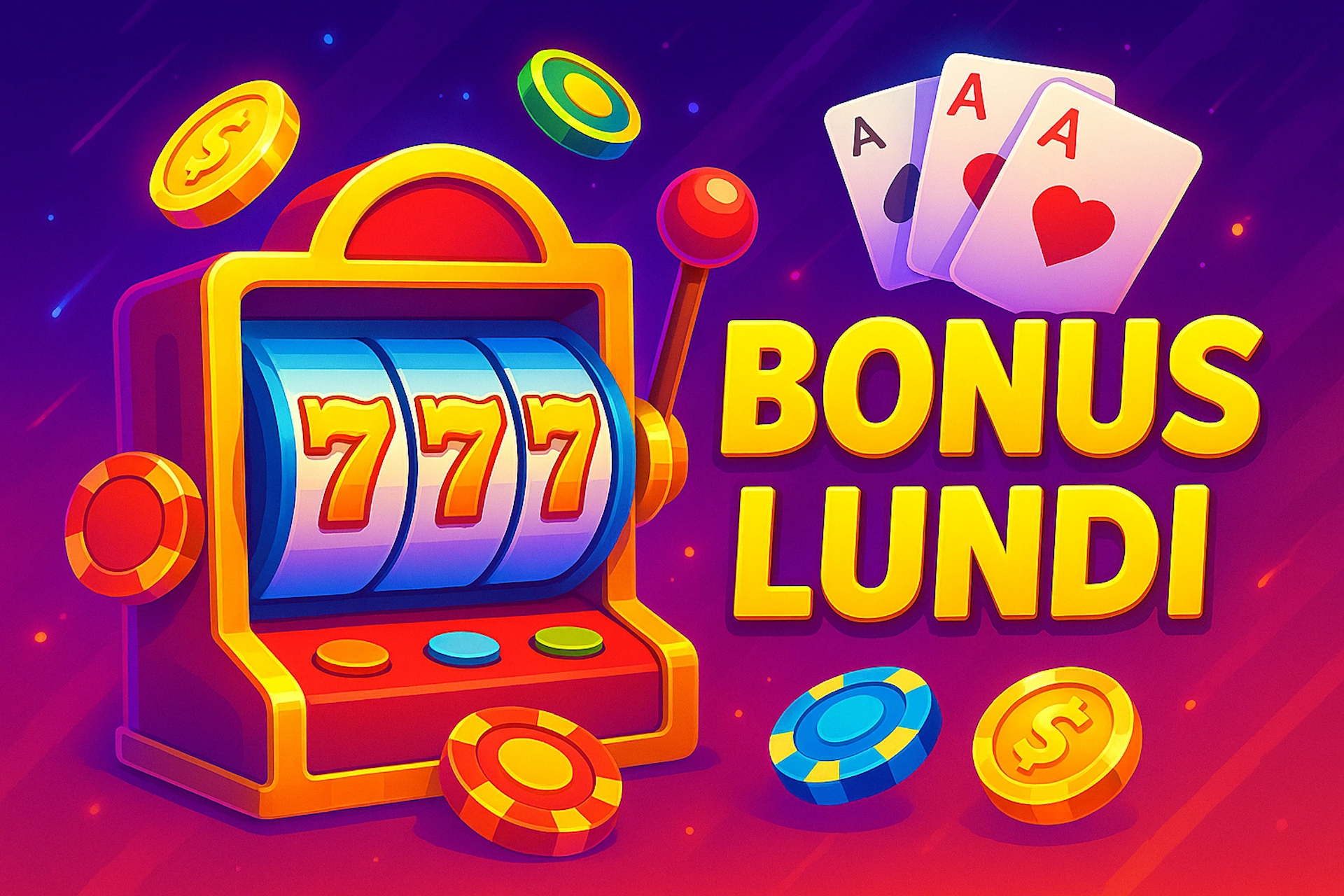 Illustration colorée et fun d’un bonus de lundi sur Casinotan avec machine à sous, jetons de poker, cartes et texte “BONUS LUNDI” en style cartoon moderne.