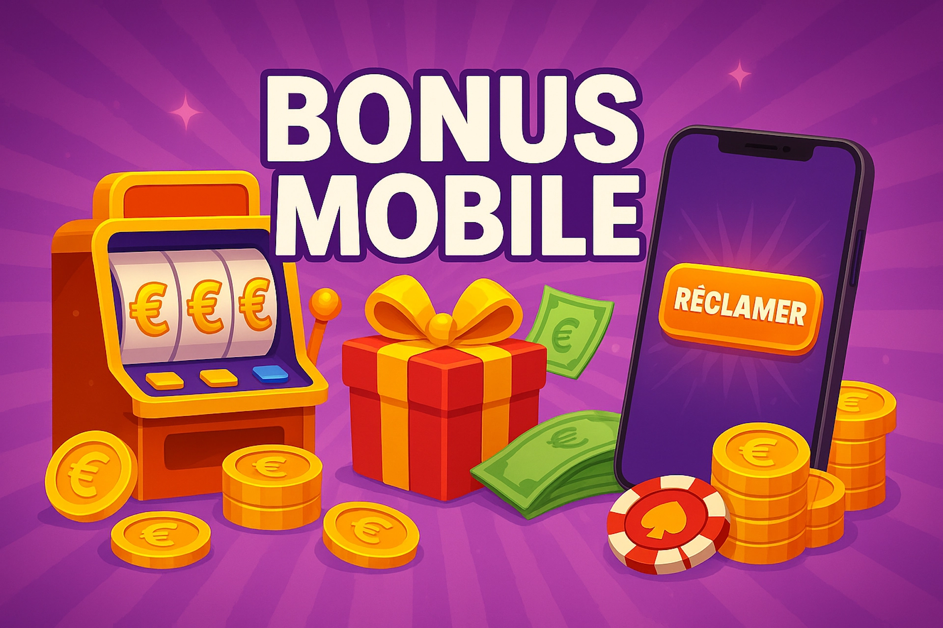 Illustration colorée et fun d’un bonus mobile sur Casinotan avec texte centré “BONUS MOBILE”, machine à sous, cadeau ?, billets ?, smartphone type iPhone affichant bouton “RÉCLAMER”, jetons et pièces en style cartoon moderne.