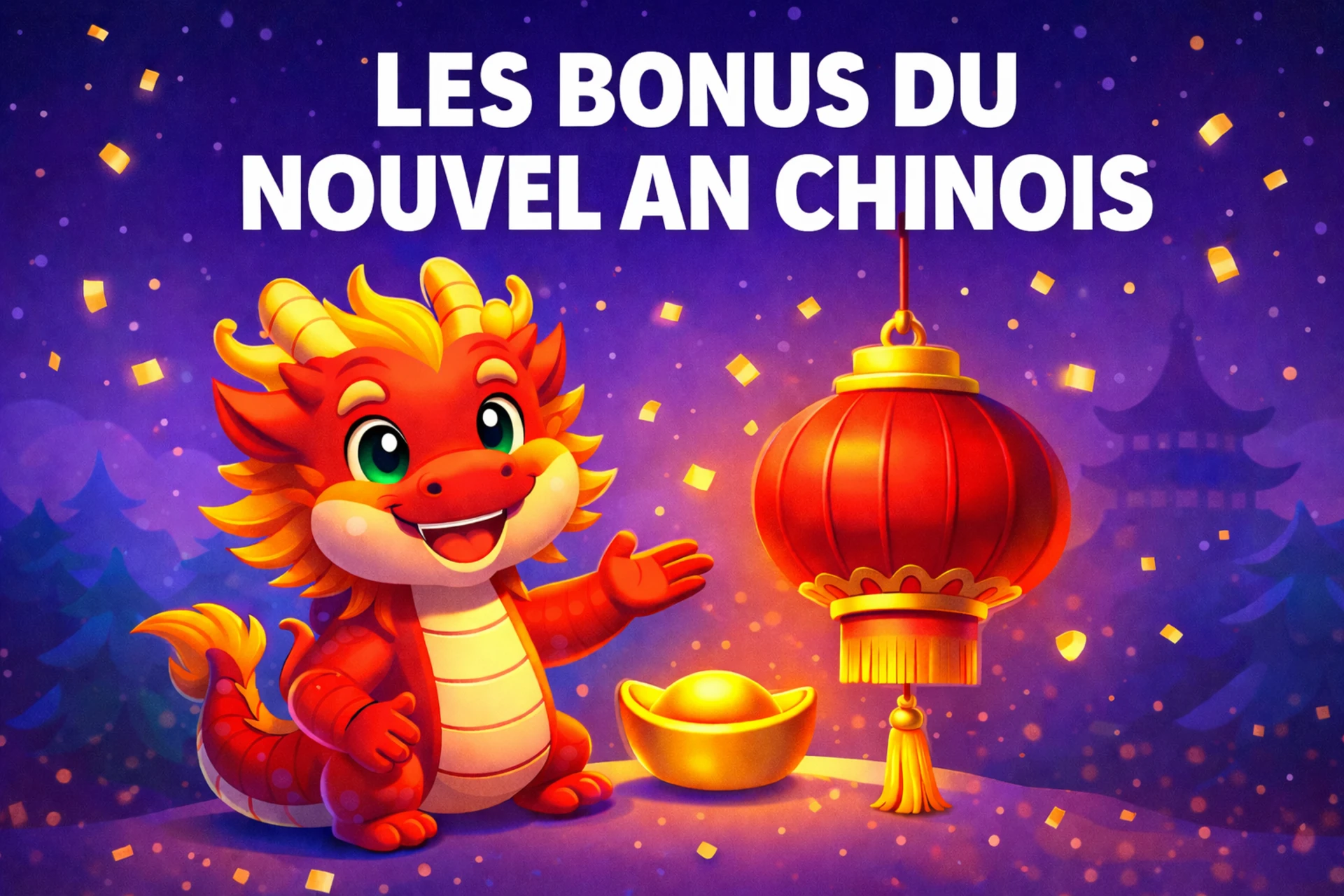 Illustration des bonus du Nouvel An chinois avec un dragon porte-bonheur, une lanterne rouge et des lingots d’or, représentant des offres promotionnelles de casino