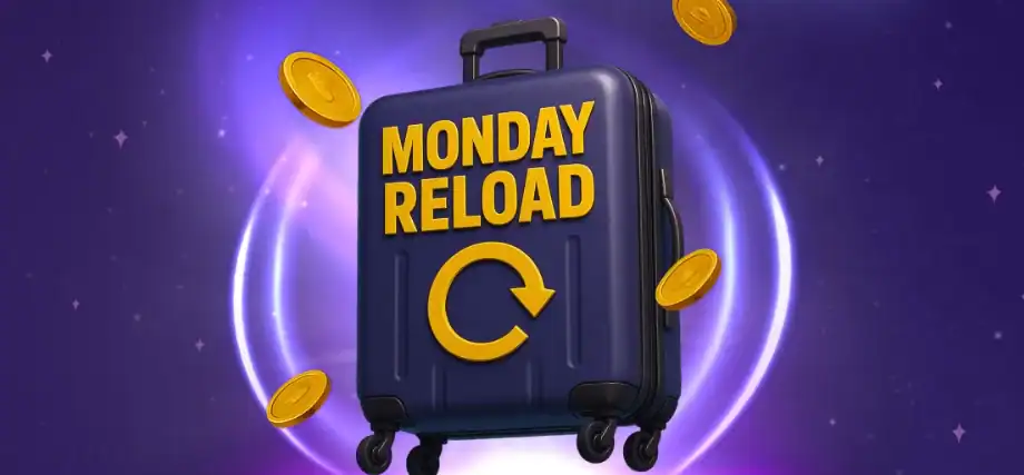 Bannière Monday Reload d'Aerobet avec une valise bleue et une flèche de rechargement.