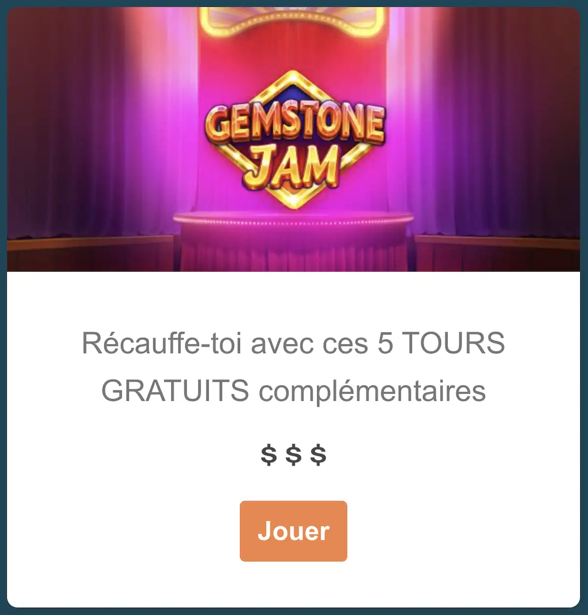 bonus sans dépôt sur Alexander Casino reçu par email qui offre 5 tours gratuits sans dépôt sur la machine à sous Gemstone Jam