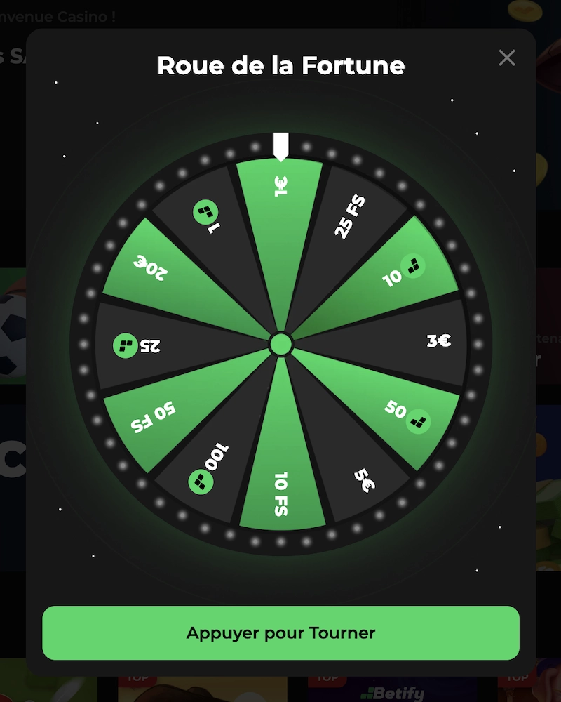 bonus sans d&eacute;p&ocirc;t offers sur Betify avec la roue de la fortune &agrave; faire tourner tous les jours