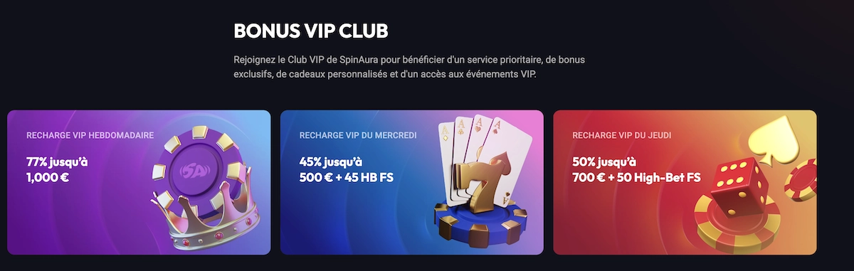 Bonus du Club VIP Spin Aura avec les offres hebdomadaires et les recharges exclusives pour les membres