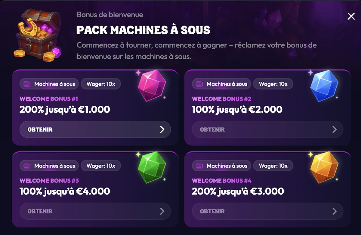 D&eacute;tail du bonus de bienvenue Wildzy avec le pack machines &agrave; sous 600 % jusqu&rsquo;&agrave; 10 000 &euro;