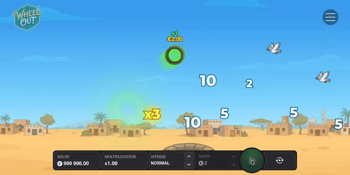 Démo officielle de Wheel Out avec le pneu en vol entre bonus et pigeons, au-dessus de la barre de jeu.