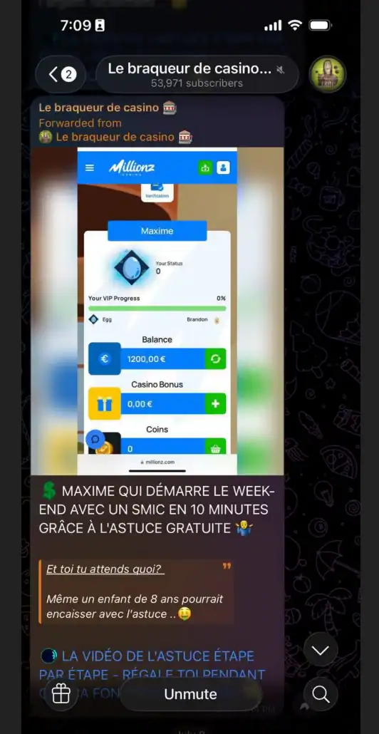 Capture du canal Le braqueur de casino avec un solde de 1200 € au nom de Maxime