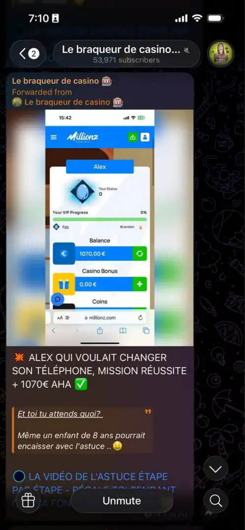 Message du canal Le braqueur de casino avec un solde de 1070 € sur Millionz au nom d'Alex