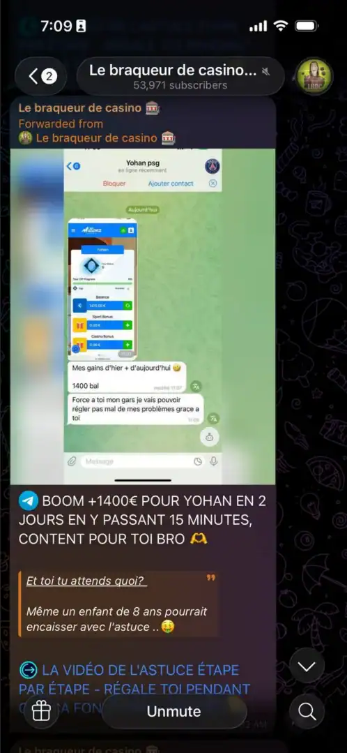 Faux témoignage de Yohan sur le canal Telegram Le braqueur de casino avec 1400 € de solde
