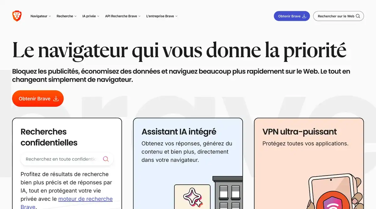 Page d'accueil du navigateur Brave avec le slogan le navigateur qui vous donne la priorité et les options pour bloquer les publicités et naviguer en privé.