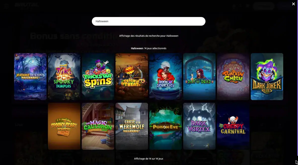 Les 14 jeux d'Halloween de Brutal Casino, dont Book of Sorcery, Trick or Treat et Pumpkin Smash.