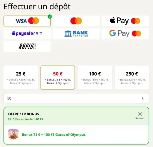 Caisse de Retro Casino avec les 7 moyens de paiement pour déposer.