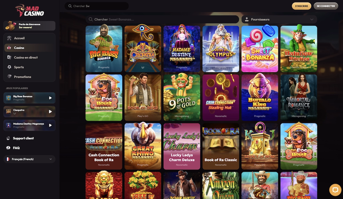 Catalogue de jeux MadCasino avec les machines à sous populaires : Sweet Bonanza, Book of Dead, Cleopatra et Gates of Olympus