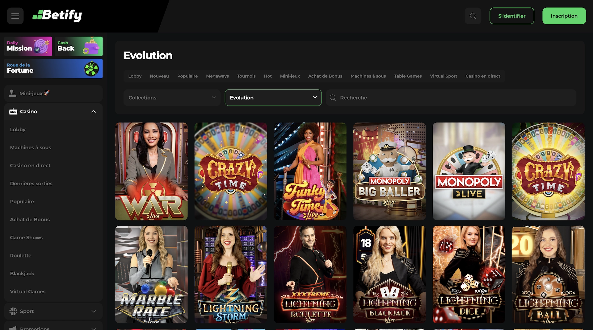 calatogue de jeux du fournisseur Evolution sur Betify