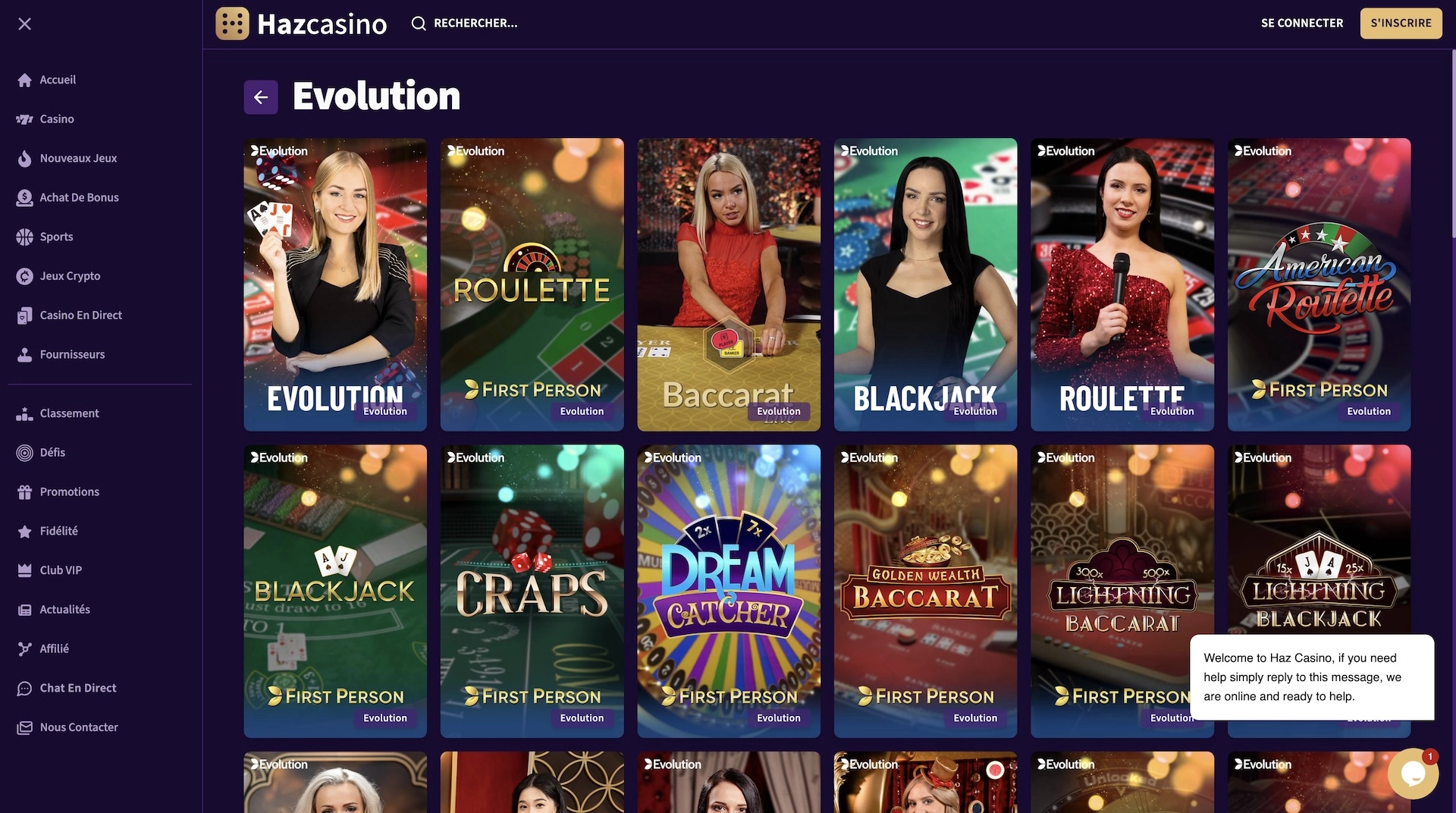 calatogue de jeux du fournisseur Evolution sur Haz Casino