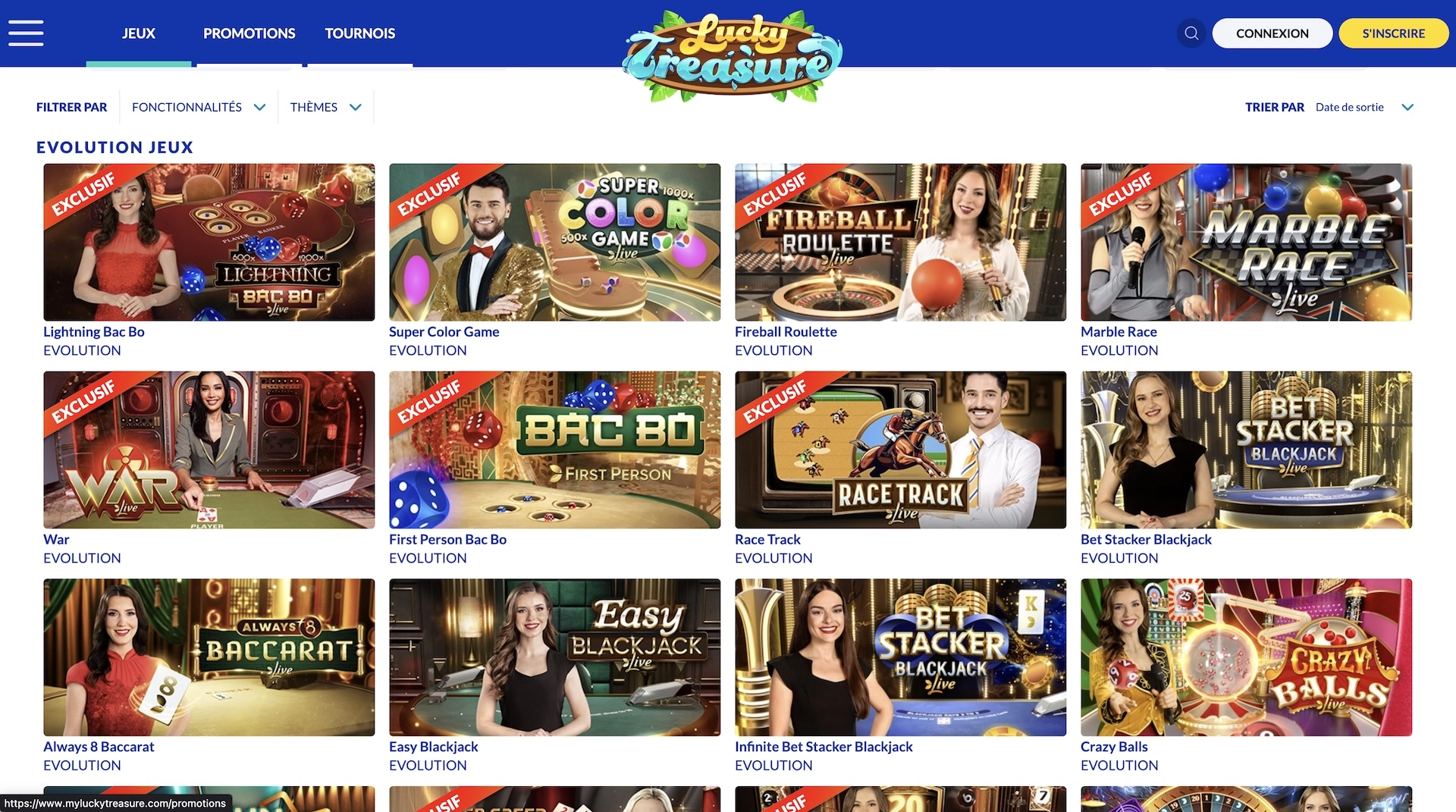 calatogue de jeux du fournisseur Evolution sur Lucky Treasure Casino