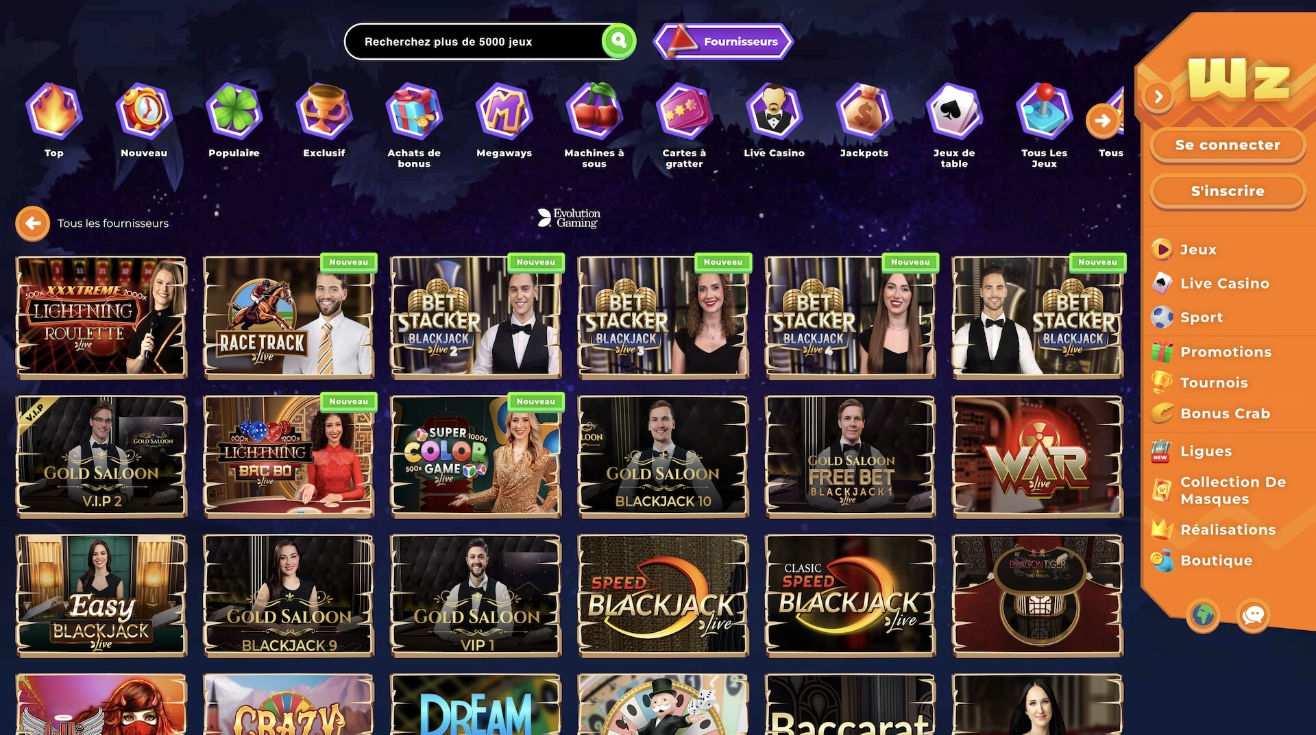 calatogue de jeux du fournisseur Evolution sur Wazamba Casino