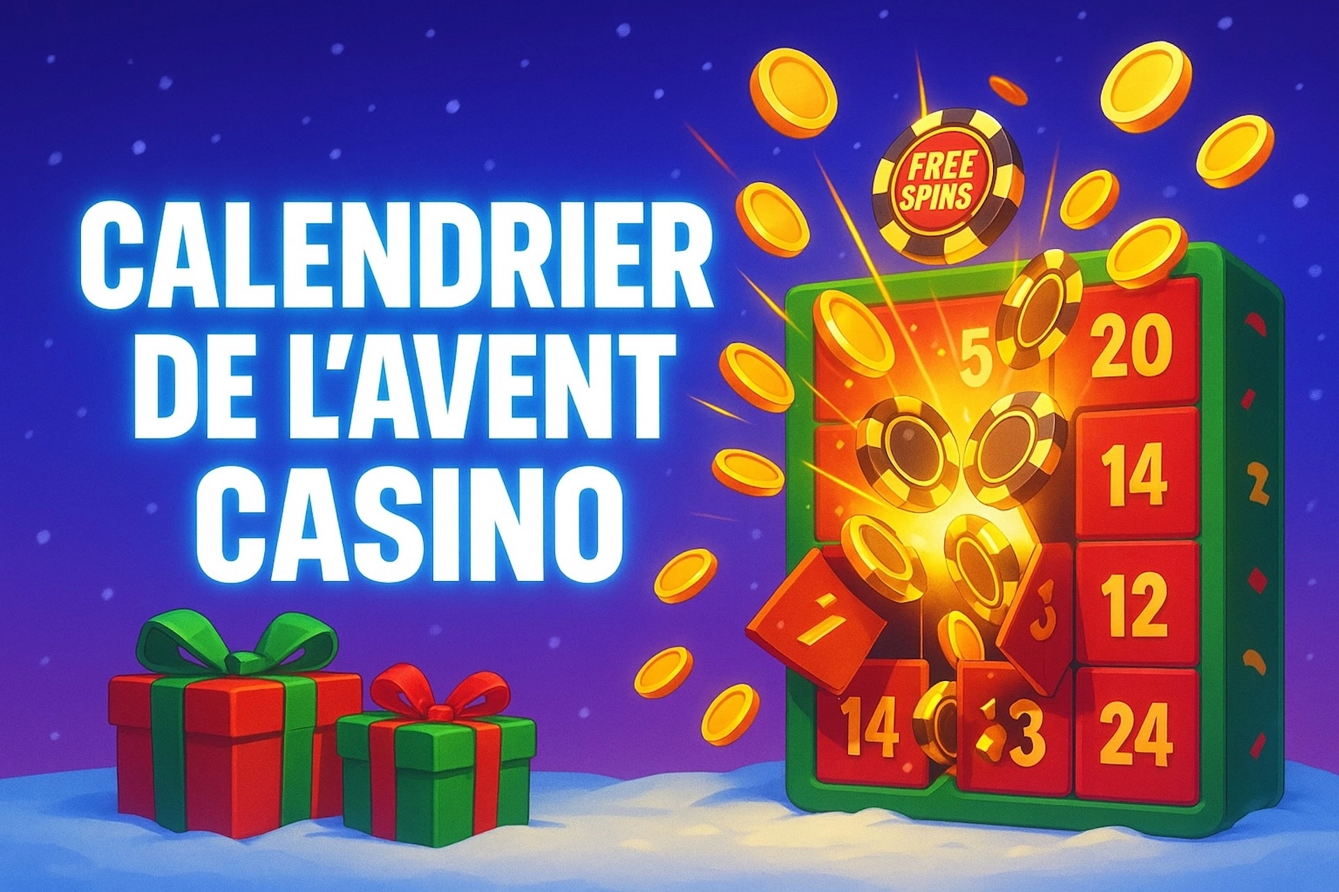 Illustration festive style cartoon d’un calendrier de l’Avent casino avec pièces, cadeaux et free spins, pour les casinos en ligne