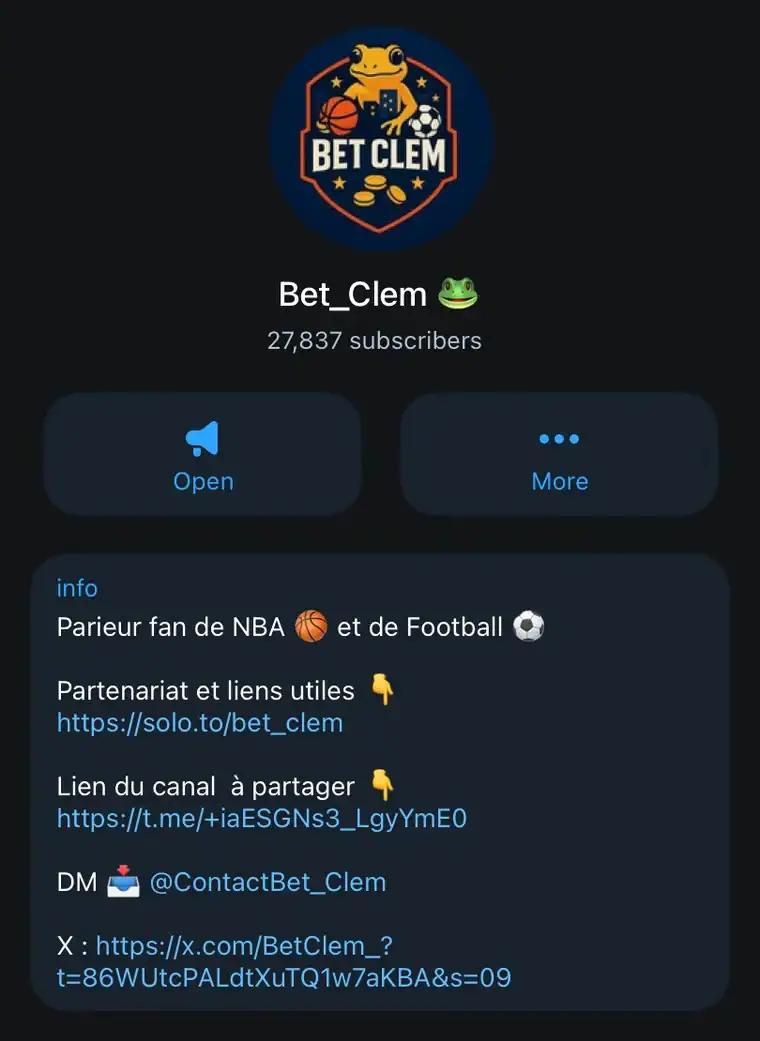Page du canal Telegram Bet_Clem avec le logo de la grenouille sur fond bleu marine, 27 837 abonnés et la description parieur fan de NBA et football.