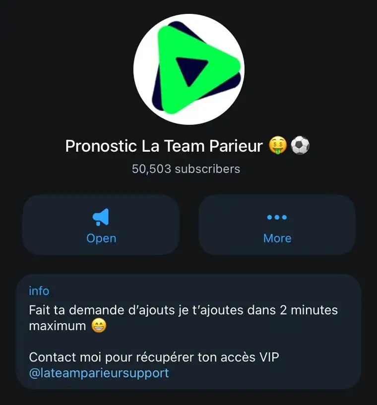 Page du canal Telegram La Team Parieur avec un logo vert et noir, 50 503 abonnés et un accès VIP disponible via le compte support.