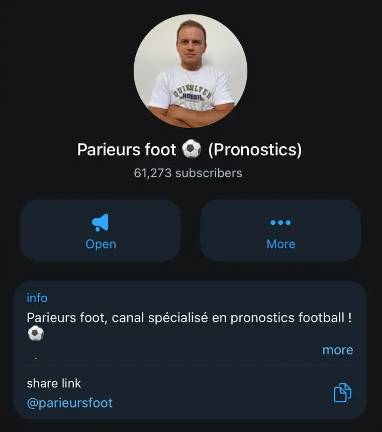 Page du canal Telegram Parieurs foot avec la photo de profil d'un homme en t-shirt blanc, 61 273 abonnés et la description canal spécialisé en pronostics football.