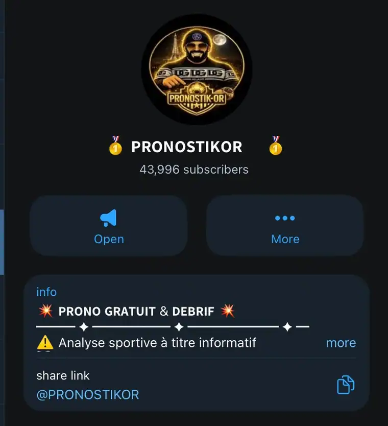Page du canal Telegram PRONOSTIKOR avec le logo doré du tipster, 43 996 abonnés et la description prono gratuit et débrif.