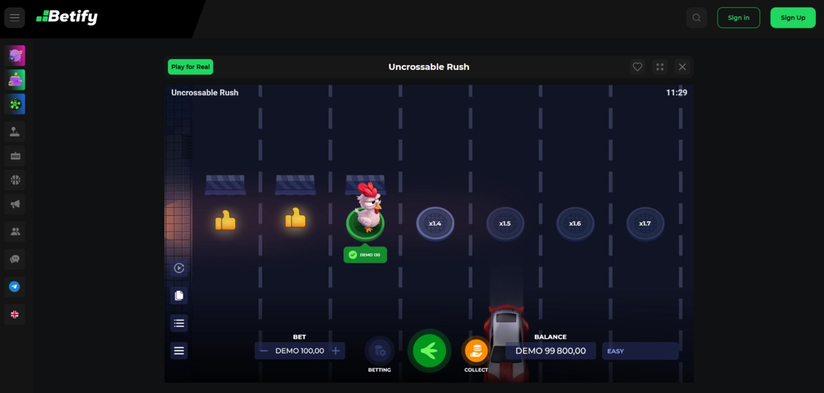 jeu de casino crash Uncrossable Rush sur Betify Casino avec une poule au centre, un multiplicateurs de x2, un bouton collect et une voiture en approche