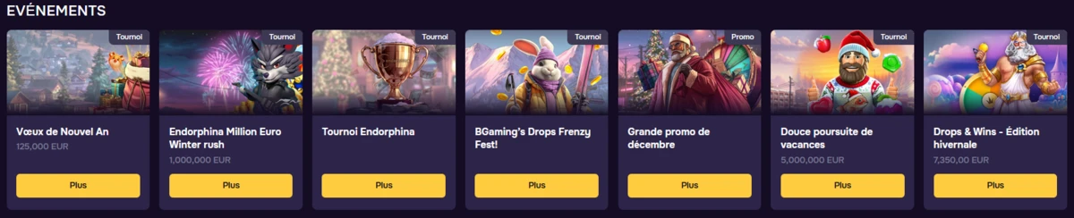 Section « Événements » GTBet listant tournois et promotions avec cartes et boutons « Plus ».